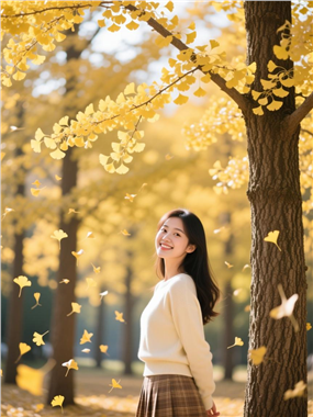 秋天黄色银杏树林美女写真图片